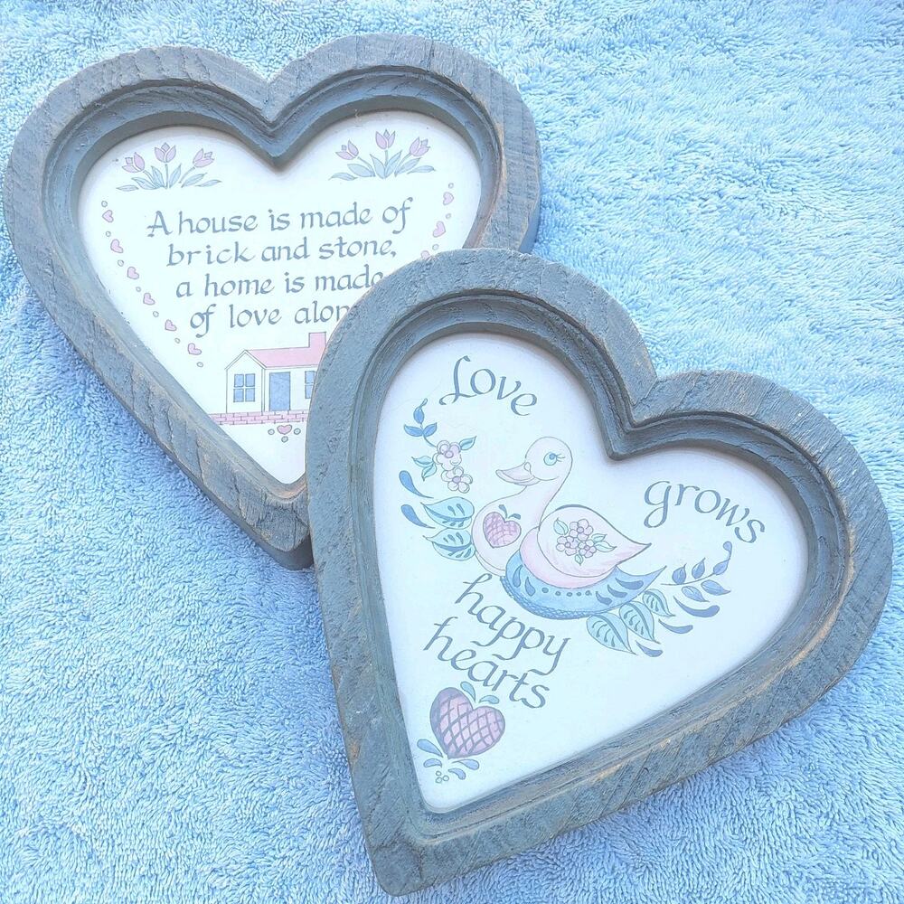 Set 2 vtg Granny-core heart shaped wall hangings 80s/90s Goose primitive folk
